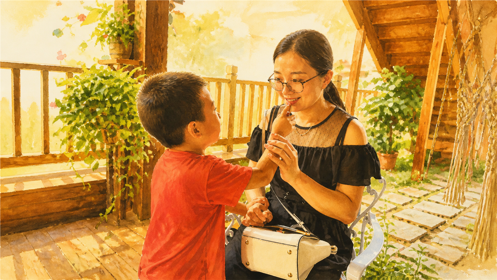 你认真为妈妈涂口红