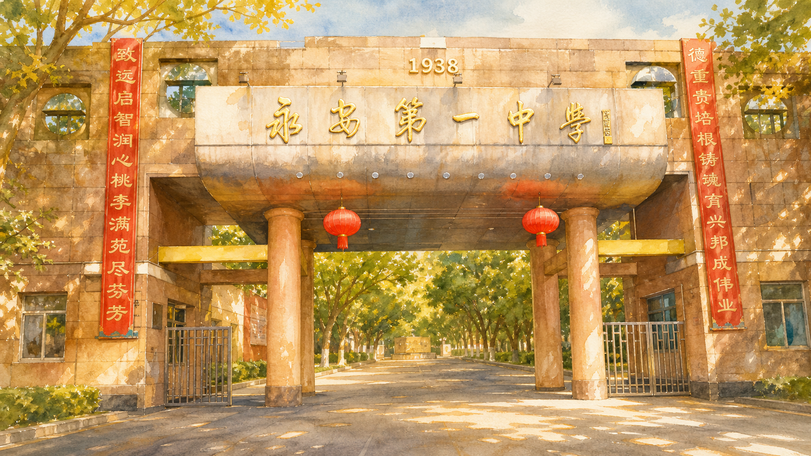 暖金水彩中的永安第一中学