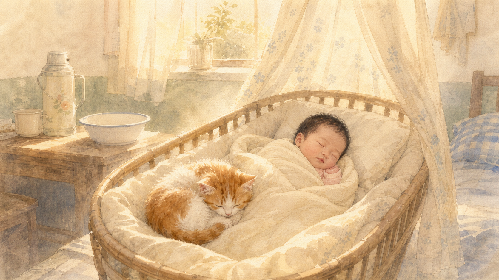 婴儿与小猫在晨光中安睡
