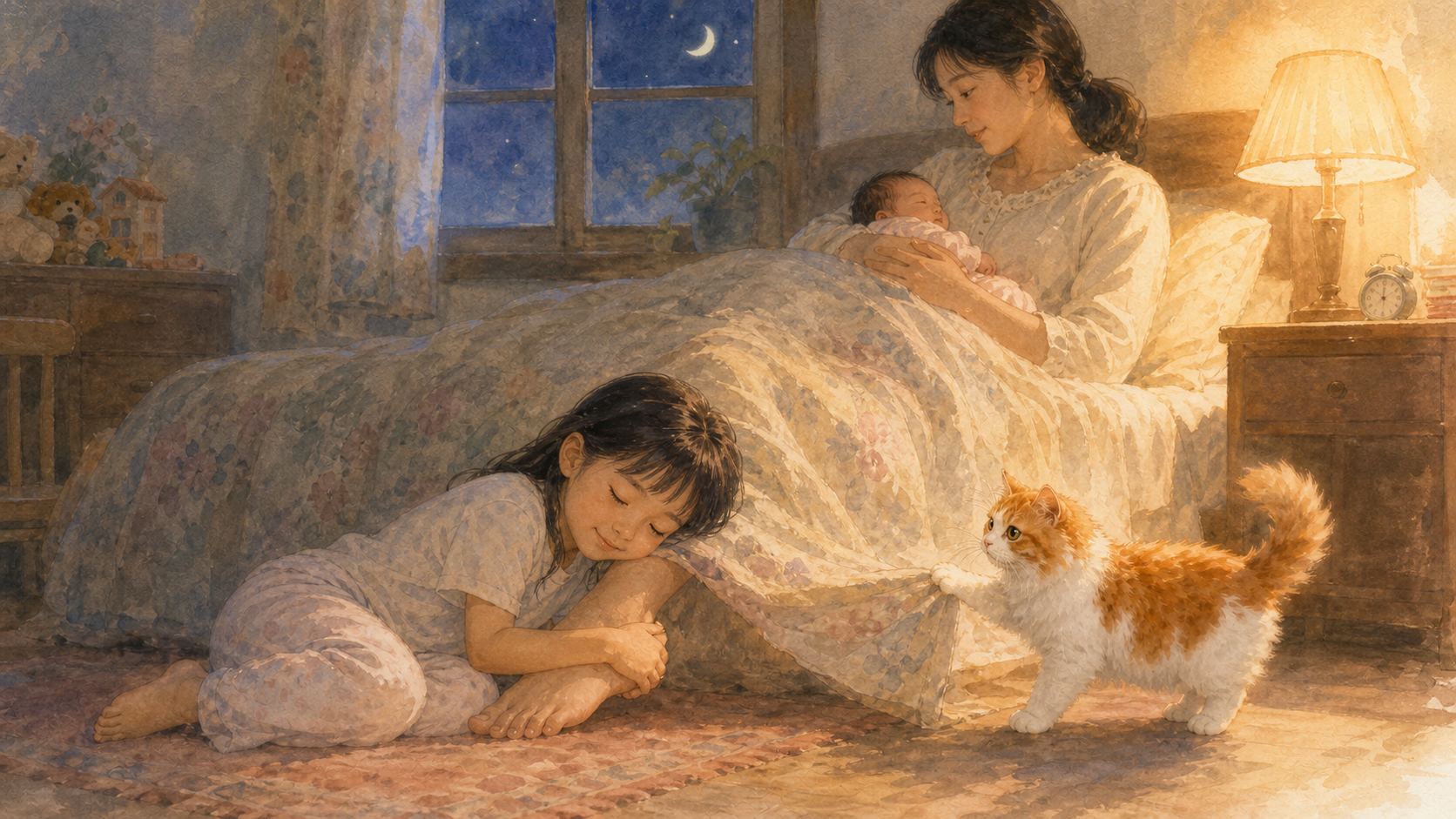 夜里抱着妈妈脚入睡的小女孩