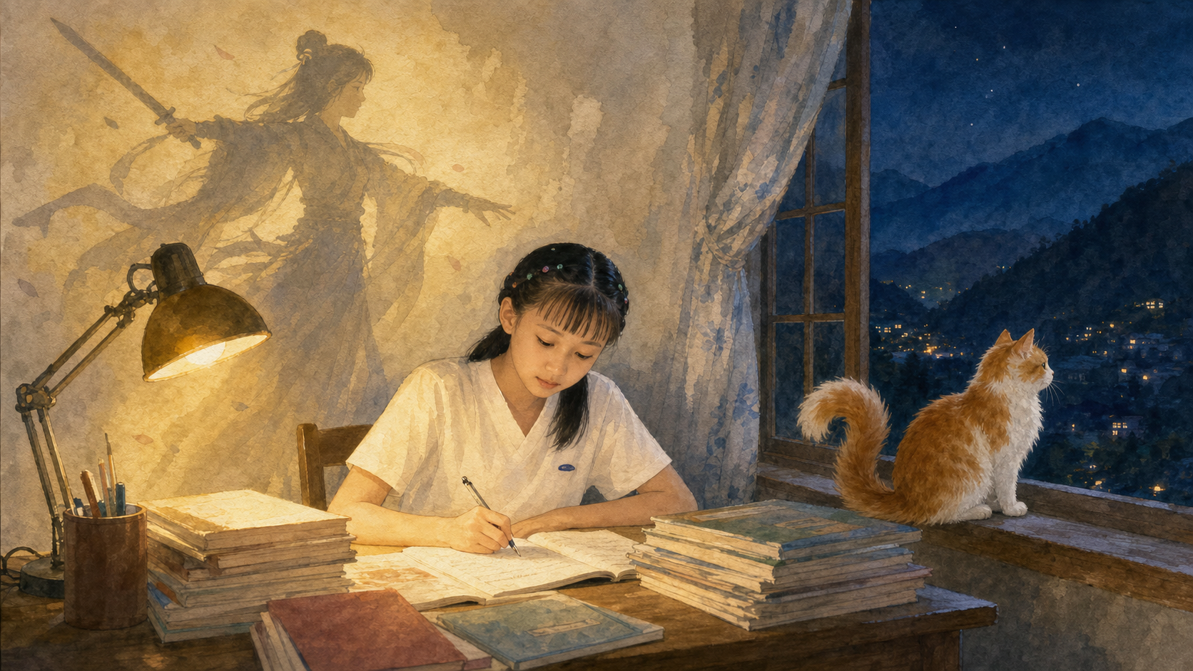 灯光下读书写字的少女与她的侠女梦